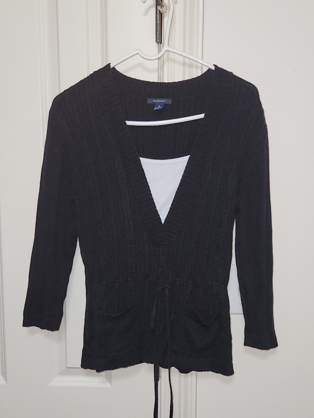 Westbound Black Cable-Knit V-Neck Drawstring Sweater